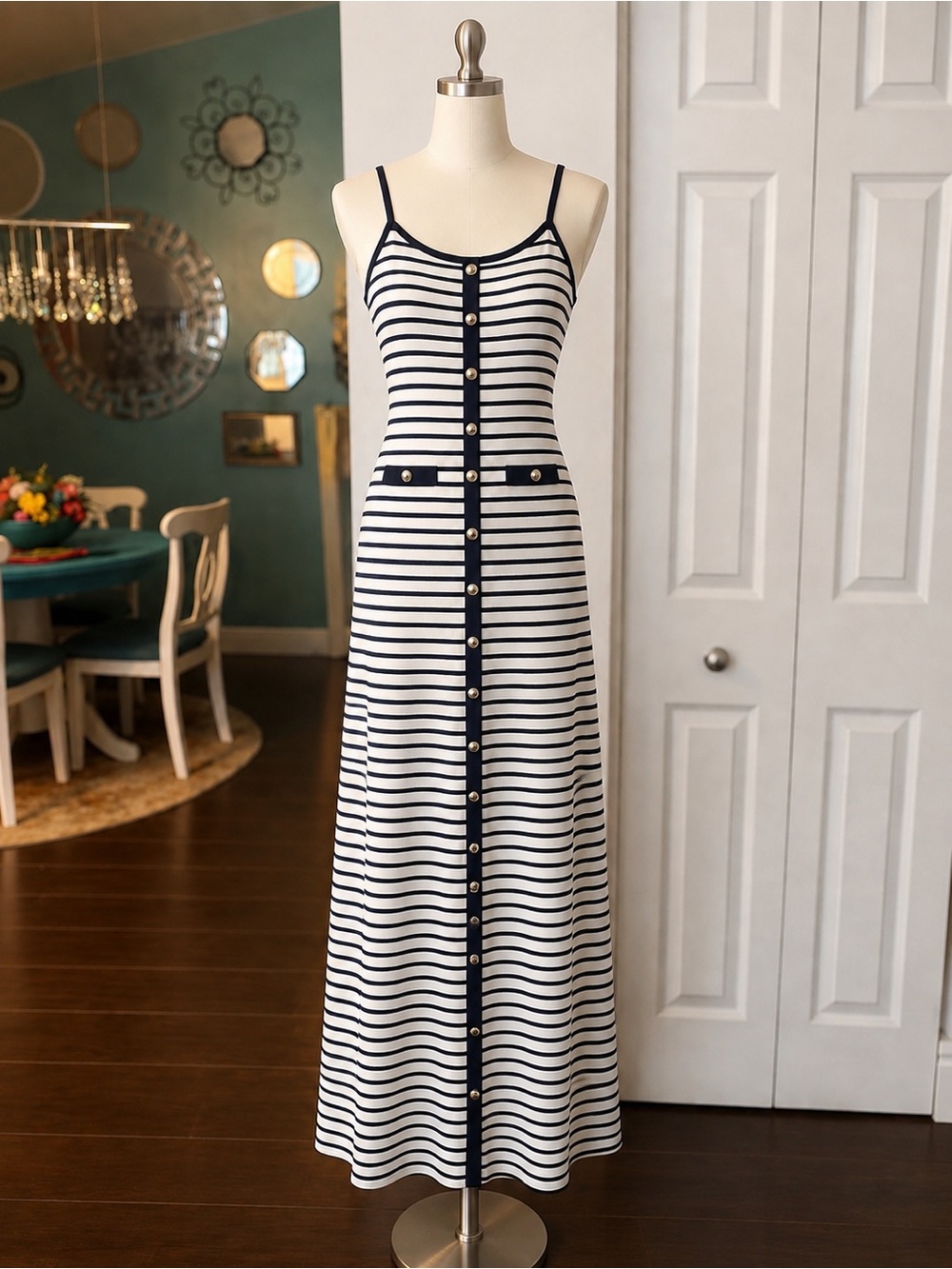 New Caroline Constas Navy/White Striped Rib Knit Maxi Dress M
